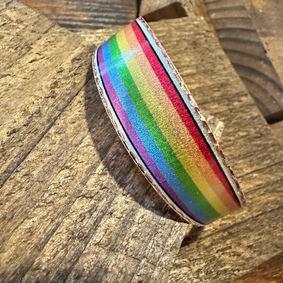 Handmade Boho Copper Wide Cuff Bracelet, Diamond Cut Rainbow Pride Design, Gift - Picture 4 of 11